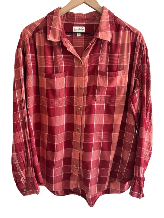 Wonderly Tops - Wonderly Plaid Button Down Shirt Red Orange Long Sleeve Top Size Large